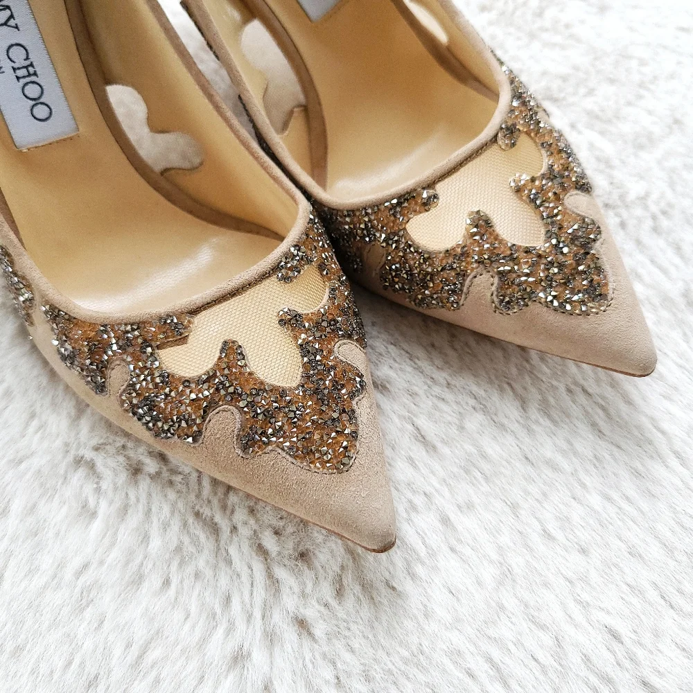 Jimmy Choo Karmel 120 Nude Suede Crystal Wedding Occasion Pointy Toe Mesh Pump - Picture 4 of 16